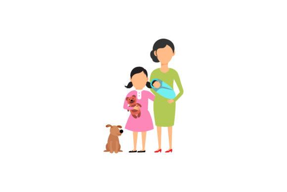 Family Asset Mom Daughter Baby Dog Illustration for Branding